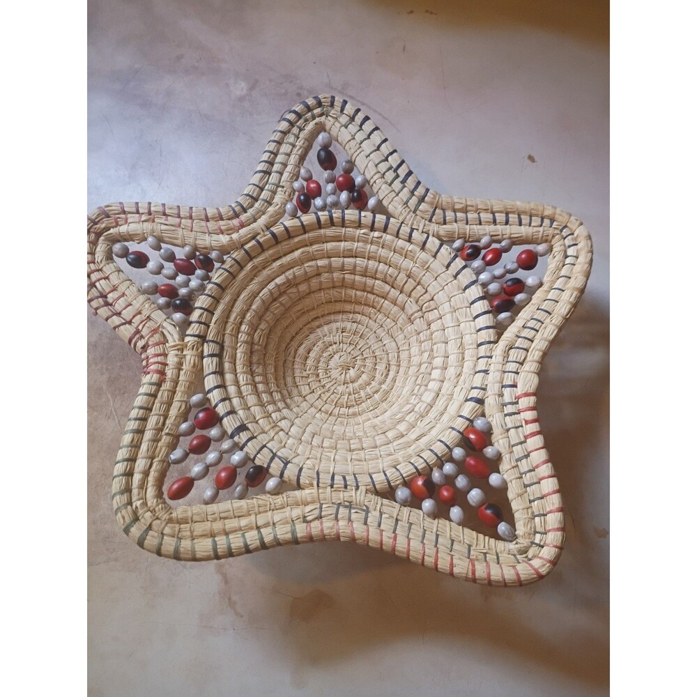 Vintage Handwoven 11" Coiled Star Basket – Beaded Edge Boho Folk Art Wall Decor